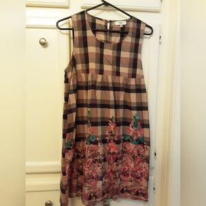 Brown and Black Checkered Floral Embroidered Babydoll Dress by Hayden size M